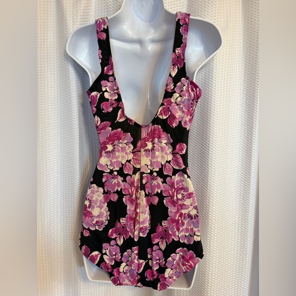 Azul black with purple & white floral print one-piece swimsuit size 12 - Picture 2 of 6
